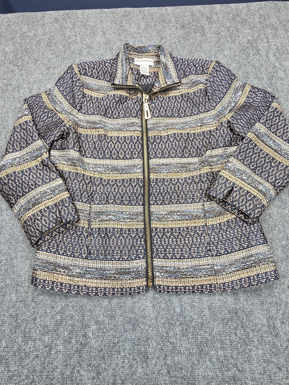 Draper's & Damon's Petite Textured Zip Jacket Womens PS Navy Gold Metallic